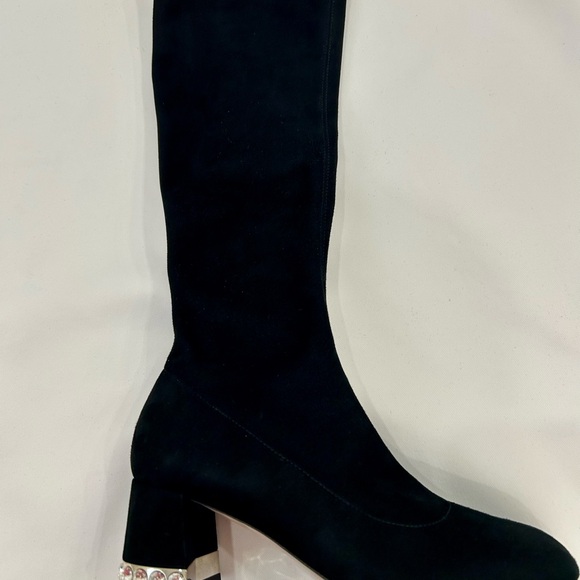 Miu Miu Black Knee-High Suede Boots with Crystal-Trim Block Heel - Picture 14 of 14